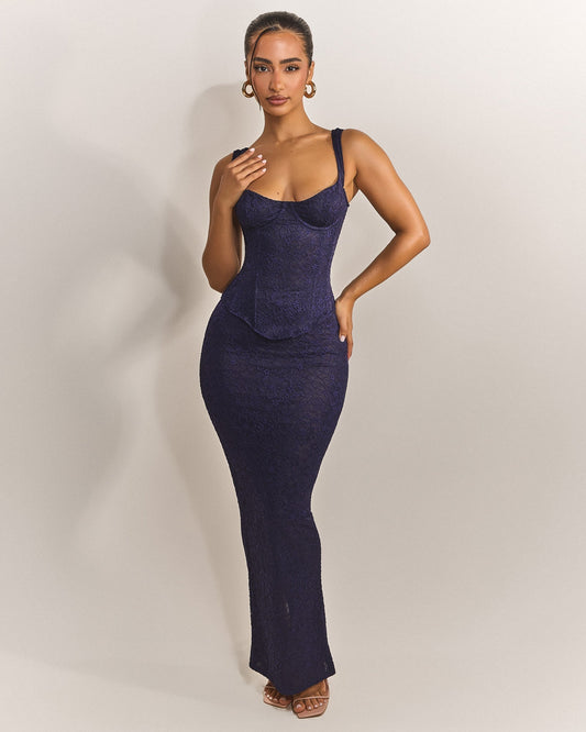 The Cinched Lace Maxi Skirt in Navy