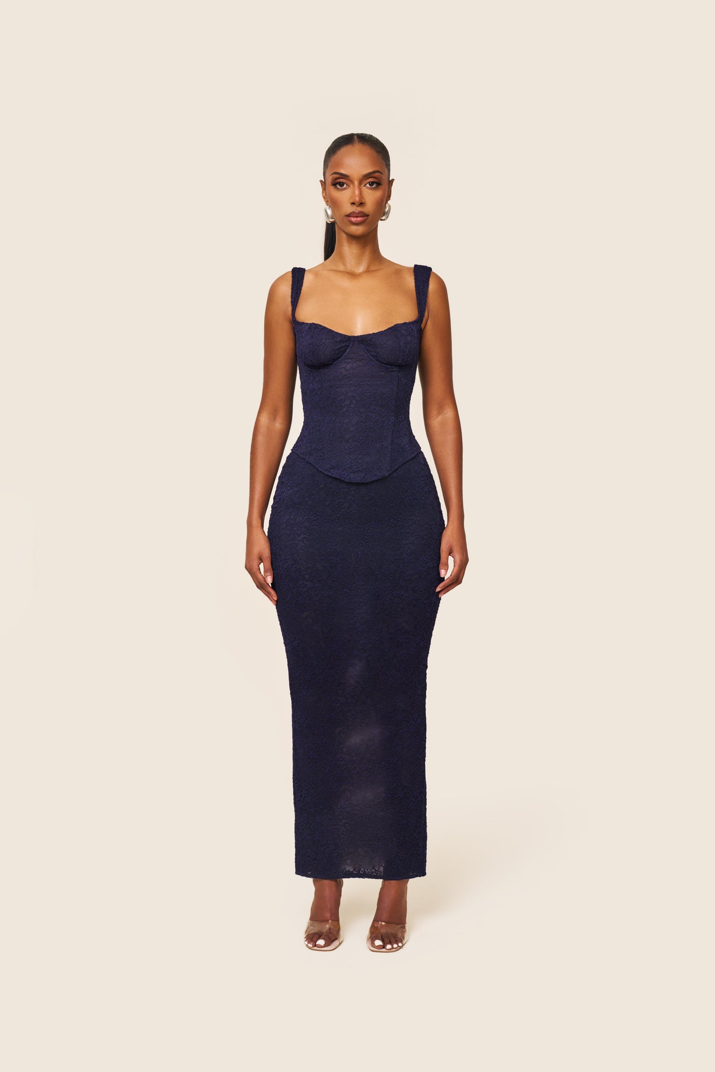 The Cinched Lace Maxi Skirt in Navy