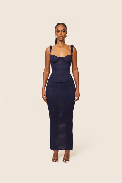 The Cinched Lace Maxi Skirt in Navy
