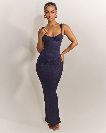 The Cinched Lace Maxi Skirt in Navy
